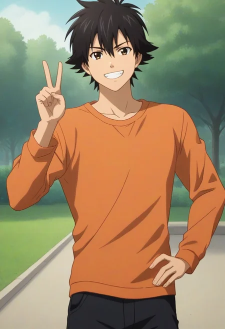 ((masterpiece)), ((best quality)), ((ultra-detailed)), ((absurdres)), score_9_up, score_8_up, score_7_up,
HD, top quality, best quality, amazing quality, High-quality illustrations, anime screencap, source_anime, best aesthetic, perfect proportions, perfect eyes, 1boy, 1male, solo boy, solo male, male focus, solo male focus, Anime, boy, male anime character, anime boy, handsome, cute, charming, sexy, good-looking, Yusuke Fujisaki, black hair, brown eyes, orange shirt, long sleeves, dark gray shorts, ((slim body, lean body)), ((cowboy shot, head to hips shot)), ((front view, front shot, facing front, view from the front)), ((outside, park)), ((smirk)), ((peace gesture, ✌ gesture)), one hand on hip pose))