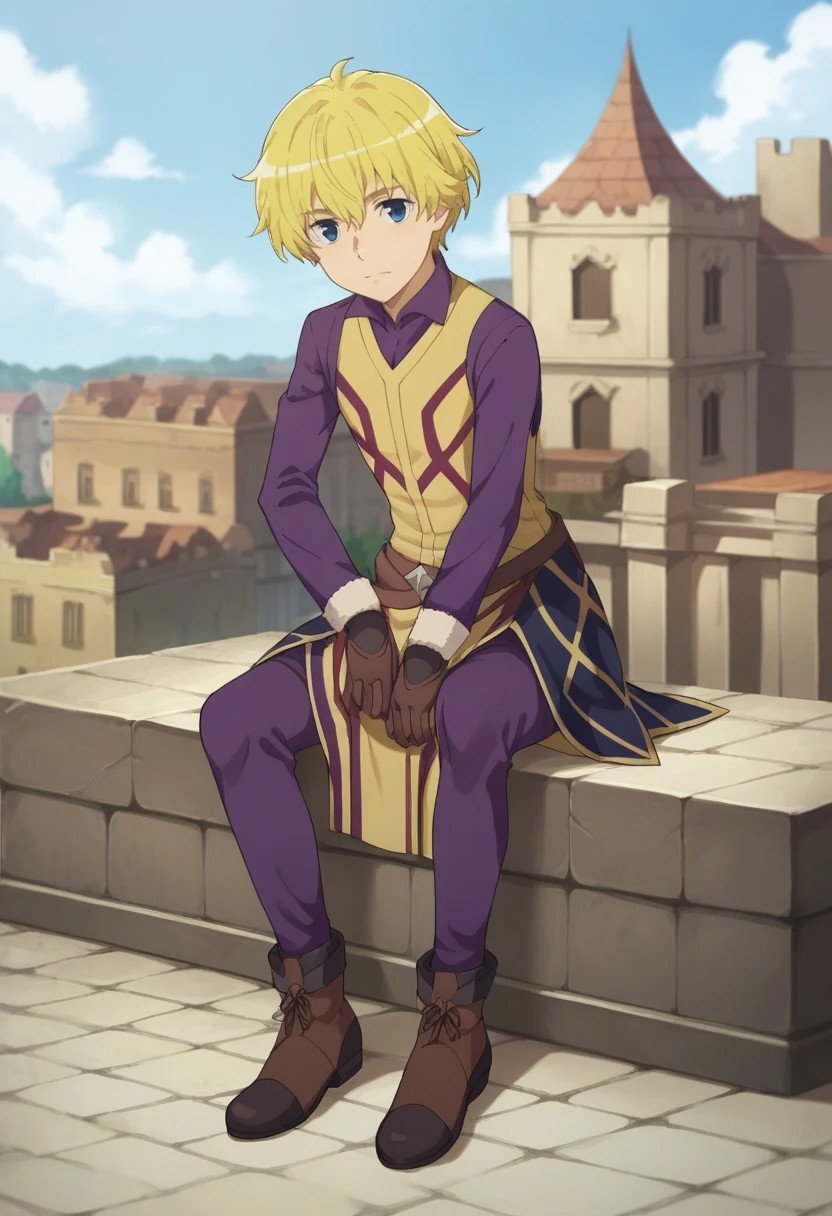 score_9, score_8_up, score_7_up, source_anime, highly detailed, 

deimne, 1boy, male focus, solo, blonde hair, gloves, brown gloves, brown footwear, boots, blue eyes, looking at viewer, pants, purple pants, shirt, purple shirt, tunic,

outdoor, building, medieval, sky, clouds, sit,
