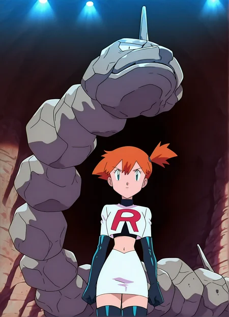 portrait, riding on pokemon, cowboy shot, cave, lights, anime screenshot, 1girl, solo, misty, looking at viewer, side ponytail, team tocket uniform, crop top, white skirt, black elbow gloves, black thighboots, onix, pokemon \(creature\), <lora:OnixIL:1> <lora:mistyil:1>, very awa, masterpiece, best quality, amazing quality, very aesthetic, high resolution, ultra-detailed, absurdres, newest,