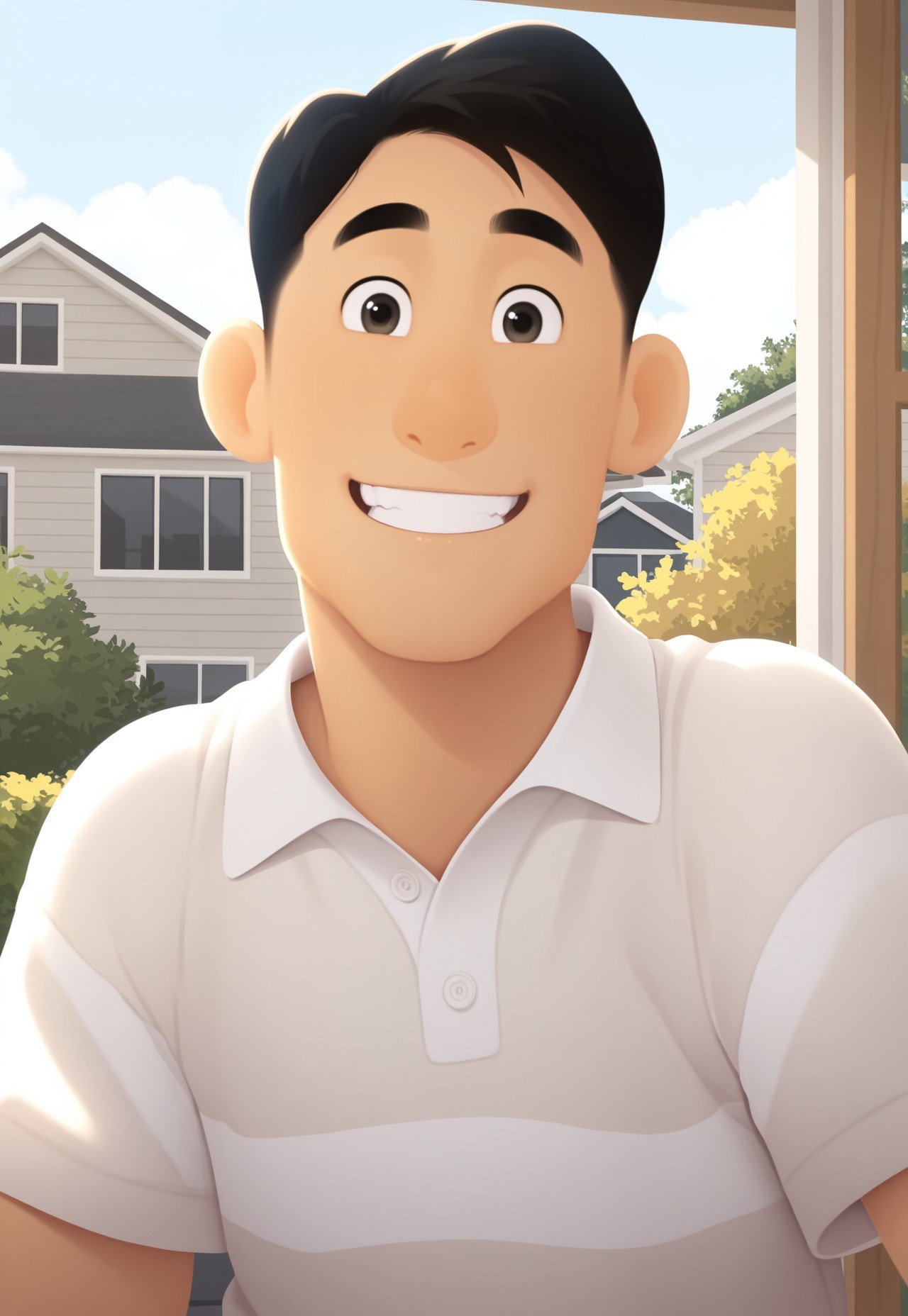 solo, masterpiece, detailed, ultra hd, best quality, 1boy, male

PokemonAvaFather, black hair, white shirt, looking at viewer, smiling, suburban house