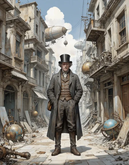 Anime CRABDM style. A digital illustration shoot from a frontal camera angle about a steampunk-inspired illustration of a man standing confidently in a post-apocalyptic cityscape. the image also shows a man in the middle of the image, who appears to be in his late 20s, with a full body distance to the camera, wearing a long coat, a top hat, and a waistcoat, standing with his hands in his pockets, looking directly at the viewer with a serious expression. he has grey hair, a mustache, and is wearing brown shoes. the man is standing in a narrow alley, surrounded by dilapidated buildings with crumbling walls and broken windows, filled with debris and machinery, including large airships and globes. the alley is littered with broken pieces of machinery and debris, and the sky is filled with fluffy white clouds.