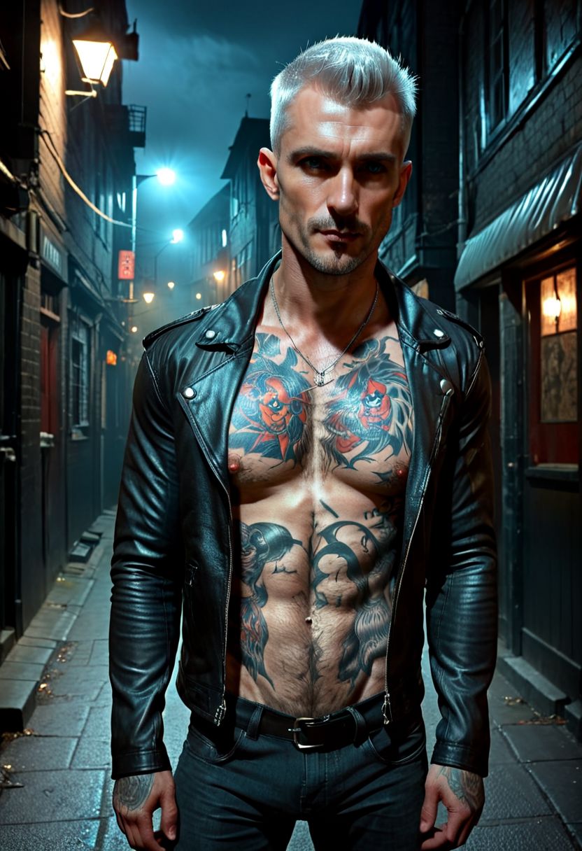 score_9, score_8_up, score_7_up, solo, horror theme, extremely detailed, night, low light, ominous, portrait, 1 pale male, large neopunk man, rugged features, irish ancestry, vampire the masquerade original character, mature male original character, full sleeve arm and chest tattoos (mixed style), side shave short silver hair, light blue eyes, stubble, neck tattoos, dark eyesockets, leather jacket, facing the camera, smoking a cigarette stub, dark alley, shirtless, muscular build, broad shoulders, realistic, NightScapes, hkstyle, dark