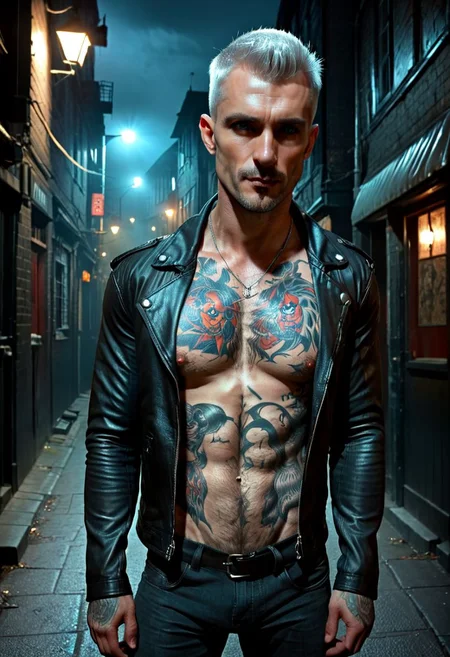 score_9, score_8_up, score_7_up, solo, horror theme, extremely detailed, night, low light, ominous, portrait, 1 pale male, large neopunk man, rugged features, irish ancestry, vampire the masquerade original character, mature male original character, full sleeve arm and chest tattoos (mixed style), side shave short silver hair, light blue eyes, stubble, neck tattoos, dark eyesockets, leather jacket, facing the camera, smoking a cigarette stub, dark alley, shirtless, muscular build, broad shoulders, realistic, NightScapes, hkstyle, dark