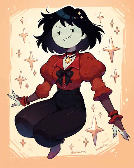 score_9, score_8_up, score_7_up, 1girl, solo, Marceline, no nose, oval eyes, medium hair, star necklace, choker, puffy sleeves, juliet sleeves, fishnet sleeves, redstaroutfit, black leggings, full body, smile, fang, looking at viewer, dynamic angle, <lora:Marceline_PDXL_V2:1>