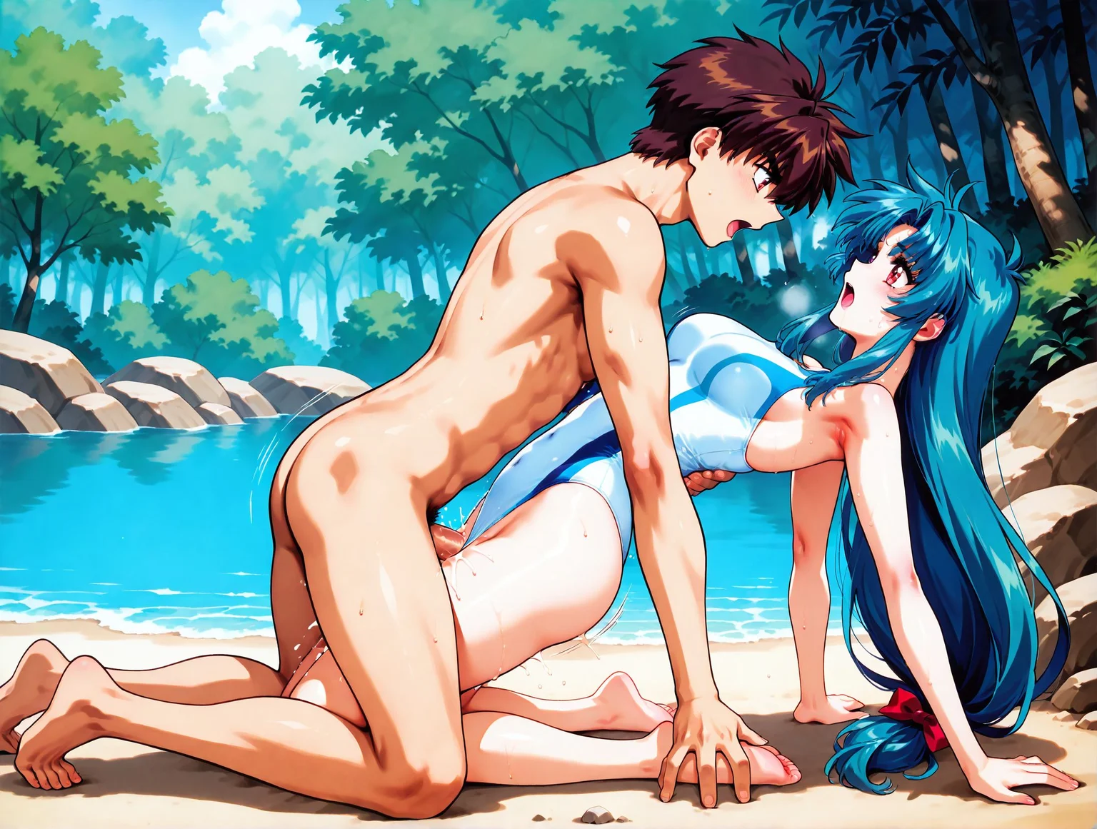 <lora:add-detail-xl:0.5>,masterpiece,best quality,anime coloring,anime screenshot,
<lora:Straight-Arm_Missionary:0.7> Straight-Arm_Missionary,
Straight-Arm Missionary, from side, knee bent,cum,
missionary position, full body contact, moaning,
hands on ground, arms straight, deep penetration, intimate pose,
motion lines, motion lines, penis, 5 fingers. uncensored,
arched back, kneeling with bent knees,
BREAK
full metal panic! invisible victory, official art,
Kaname Chidori,Sousuke Sagara,long hair,swimsuit,armpits,one-piece swimsuit,blue hair,open mouth,1990s (style),red eyes,retro artstyle,aqua hair,brown hair ,water,tree,rock, <lora:Shiki Doji_illustriousXL:0.8>,
bald,
BREAK
20YO,milf,adult,