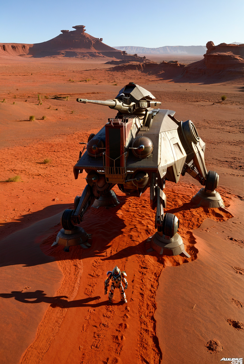 7-ATTE, walker, mecha, giant, field of view, red sand, desert, dunes, accurate proportions, sharp image  [reflections, accurate lighting, shadows, realistic, high quality photo, 4k, hd, smooth metallic surfaces, render, cgi]