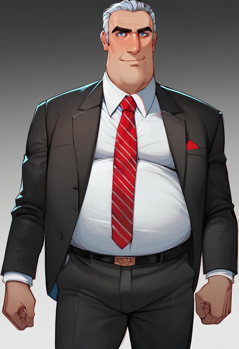 (score_9, score_8, score_9_up, score_8_up, score_7_up),  pureerosface_v1, zPDXL3, easynegative, perfect eyes, 4k, Ultra-Detailed, Ultra-Highres, High quality, André Bourgeois, slicked back hair, gray hair, short hair, blue eyes, tall man, fat man, suit, dark gray jacket, white shirt, collared shirt, red necktie, red handkerchief in the jacket's upper pocket, dark gray slacks, sash,  blue, white, and red striped sash over his right shoulder, looking at view Break, simple background
