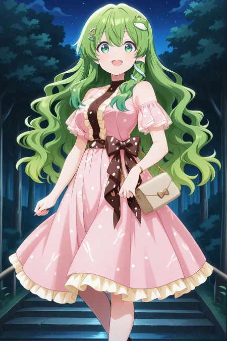 absurdres, highres, masterpiece, best quality, amazing quality, official anime artwork, screencap, anime screencap, outdoors, looking at viewer, dynamic pose, open mouth, smile,
<lora:Sanae-Kochiya_IllustriousV2:1> kochiya sanae, 1girl, solo, green eyes, green hair, long hair, wavy hair, frog hair ornament,, kochiya sanae \(nighttime breath of fresh air\), alternate costume, alternate hairstyle, hairclip, jewelry, black sash, pink dress, pleated dress, frilled dress, short sleeves, brown bow, bracelet, high heels, pocketbag,
night, forest,