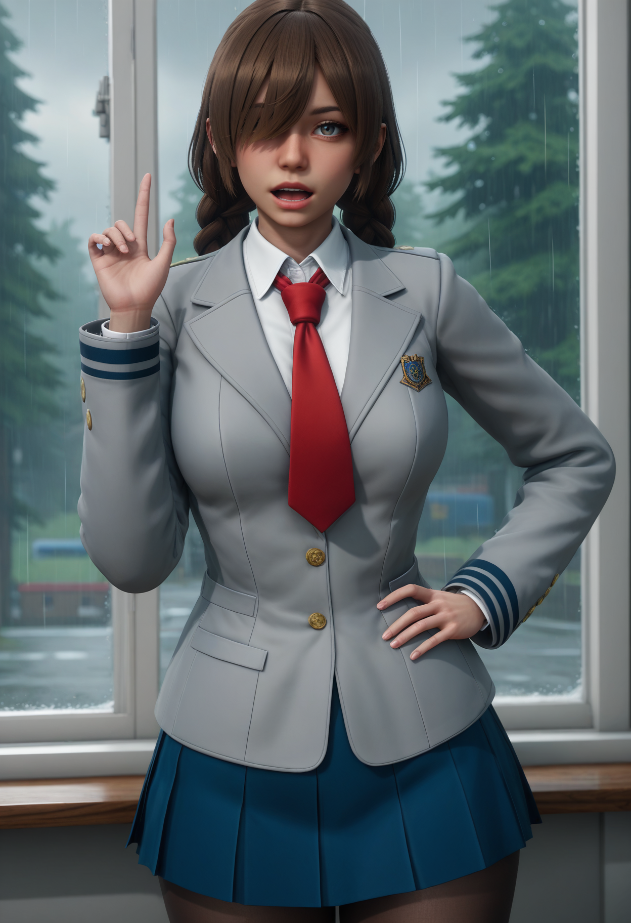 score_9, score_8_up, score_7_up,
1girl, solo, school uniform:grey jacket:blue skirt, black pantyhose, red necktie. twin braids:hair over one eye,
indoors, window, rain, tree, dark, standing, contrapposto, hand on own hip, hand up, looking at viewer, talking, open mouth, thighs, from side, wide shot, depth of field, 
 <lora:Dark_Dalia_Pony_v1.0:0.75> d4rkd4l14,