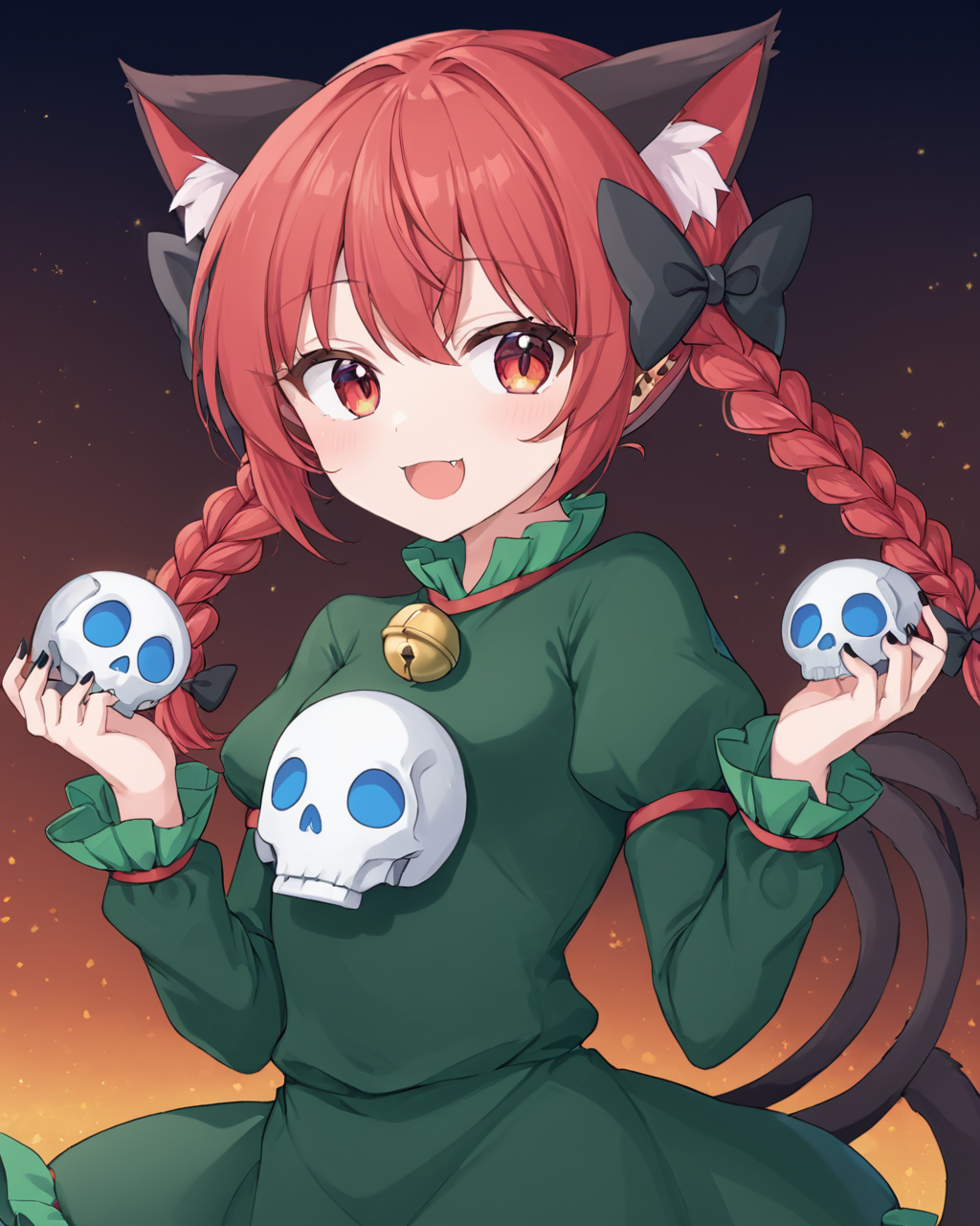 kaenbyou rin,1girl, green_dress, solo, holding_skull, cat_tail, fangs, twin_braids, nekomata, two_tails, looking_at_viewer, open_mouth, tail_bell, black_nails, tail_bow, :d, black_bow, hair_bow, nail_polish, upper_body, animal_ear_fluff, juliet_sleeves, slit_pupils, simple_background
<lora:kaenbyou_rin_image6792_2023-12-20:1>,star-shaped_pupils,symbol-shaped_pupils,. gorgeous,key visual, vibrant, studio anime,award-winning, professional, highly detailed,high budget, cinemascope