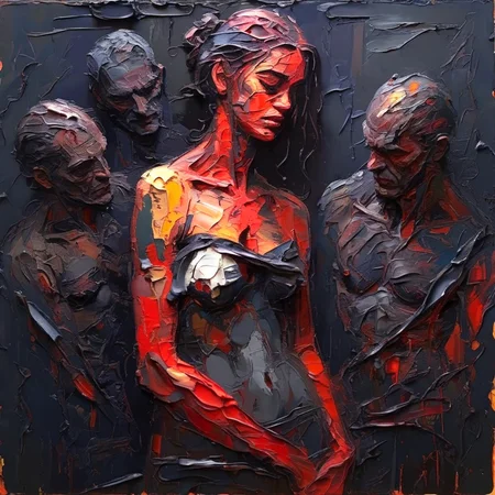impasto goddess Lilitch in arms with the devil, dark atmosphere, gate of hades in the background <lora:impasto:1>