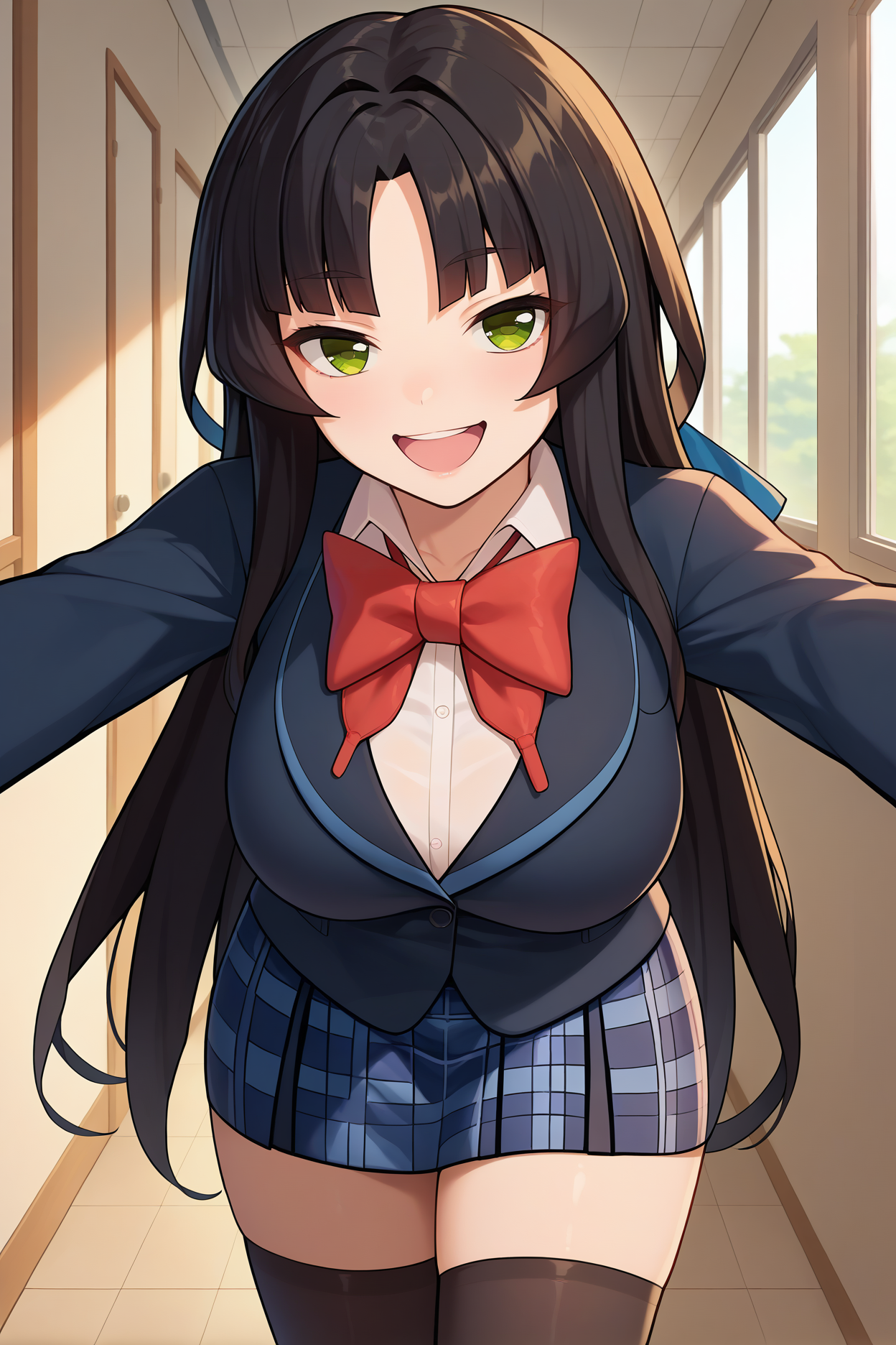 score_9, score_8_up, score_7_up, score_6_up, source_anime, 1girl, solo, <lora:enjusaionji-pdxl-nvwls-v1-000005:1> enju, black hair, long hair, parted bangs, green eyes, black blazer, red bowtie, collared shirt, plaid skirt, black thighhighs, large breasts, happy, looking at viewer, hallway, leaning forward