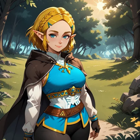 score_9, score_8, BREAK, Zelda (The Legend of Zelda: Tears of the Kingdom), adult female,short blonde hair,blue eyes,side-swept bangs,blue eyes,medium breasts,curvy,Thin waist, leather cape, fingerless Black gloves, wearing a royal blue tunic with golden embroidery and a Triforce symbol, black fitted pants, brown leather boots, sexy pose, self portrait, smile, outdoors, sunlight, shadows, evening lighting, natural lighting, forest, trees, grass, orange sky, sunset