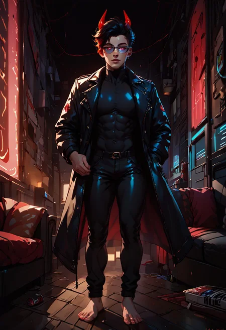 ((score_9, score_8_up, score_7_up,score_9, score_8_up, score_7_up)), (Masculine, Light/tan skin, Toned and 6'5 feet tall:1.4), 24 years old, Handsome face, somber face, perfect face, (((Black hair with neon red highlights))), ((Glowing neon Gold irises)), (Neon Red pupils), (White Sclera), shiny skin, Curley short haircut, ((2 spiral red horns)), (((Demon))), (Large muscle build), gages in ears, Neon tattoos on arms, wild hair, toned hips, ((fit look, large intelligent glasses)), ((Long Blue leather coat, dragon scale coat, black vest, black shirt, black pants)), shiny skin, living room , warm lighting, (no nsfw), lavish kitchen, fridge, can of soda