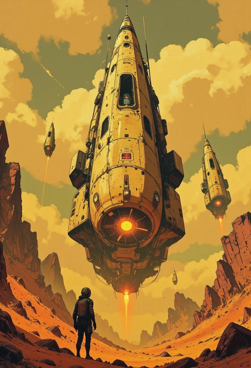 Imagine a futuristic, desert-like landscape with a sci-fi theme. The central focus is a large, sleek spacecraft with a triangular shape and a smooth, metallic surface, painted in a light beige color. The spacecraft has a large, round cockpit with a bright, glowing orange light emanating from it, suggesting it's active. The cockpit is surrounded by a complex array of sensors, antennas, and control panels. In the foreground, on the left, stands a humanoid figure in a futuristic, armored suit with a helmet, possibly a pilot or a crew member. The figure is silhouetted against the sun, casting a shadow, and appears to be gazing upward at the spacecraft. The background features a vast, arid desert with scattered rocks and a few small, rugged mountains in the distance. The sky is a gradient of warm, golden hues, with fluffy, white clouds scattered across it. Two additional spacecraft, similar in design to the central one, are visible in the background, hovering in the sky. The overall atmosphere is one of awe and anticipation, suggesting a moment of arrival or exploration in a distant, alien world. The atmosphere is serene yet awe-inspiring, with a mystical, almost dreamlike quality. The composition is cinematic, with a sense of scale that emphasizes the sheer grandeur of the ship against the timeless landscape. High detail, ultra-textured, 8K resolution, atmospheric depth, concept art. anime, cyberpunk, DB4RZ, DB4RZ style painting, in the style of cksc