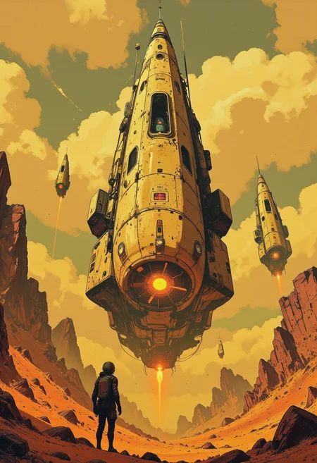 Imagine a futuristic, desert-like landscape with a sci-fi theme. The central focus is a large, sleek spacecraft with a triangular shape and a smooth, metallic surface, painted in a light beige color. The spacecraft has a large, round cockpit with a bright, glowing orange light emanating from it, suggesting it's active. The cockpit is surrounded by a complex array of sensors, antennas, and control panels. In the foreground, on the left, stands a humanoid figure in a futuristic, armored suit with a helmet, possibly a pilot or a crew member. The figure is silhouetted against the sun, casting a shadow, and appears to be gazing upward at the spacecraft. The background features a vast, arid desert with scattered rocks and a few small, rugged mountains in the distance. The sky is a gradient of warm, golden hues, with fluffy, white clouds scattered across it. Two additional spacecraft, similar in design to the central one, are visible in the background, hovering in the sky. The overall atmosphere is one of awe and anticipation, suggesting a moment of arrival or exploration in a distant, alien world. The atmosphere is serene yet awe-inspiring, with a mystical, almost dreamlike quality. The composition is cinematic, with a sense of scale that emphasizes the sheer grandeur of the ship against the timeless landscape. High detail, ultra-textured, 8K resolution, atmospheric depth, concept art. anime, cyberpunk, DB4RZ, DB4RZ style painting, in the style of cksc