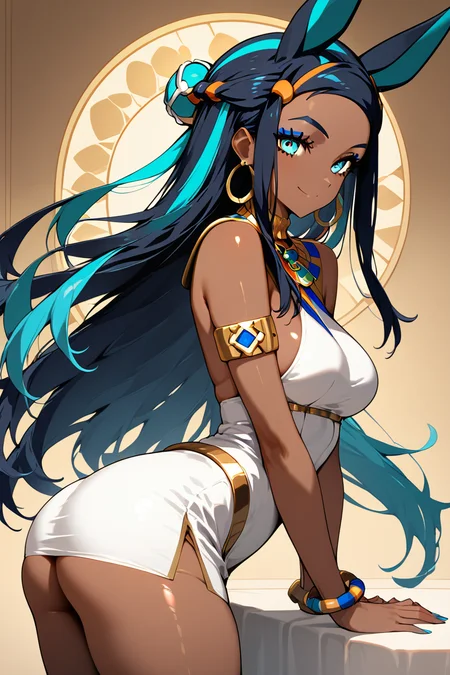 score_9, score_8_up, score_8, medium breasts, (curvy), cute, eyelashes, ,,, aaAnuNessaCitron, blue eyes, eyeshadow, animal ears, black hair, blue hair, hair bun, long hair, multicolored hair, two-tone hair, dark skin, forehead, sidelocks, dress, bare shoulders, jewelry, earrings, white dress, armlet, hoop earrings, bracelet, <lora:AnubisNessaPDXL:1.0>, side view, ass, leaning forward, cowboy shot, smile, looking at viewer, shiny skin, embedding:zPDXL, Expressiveh, <lora:SDXLFaeTastic2400:0.5>, <lora:Expressive_H-000001:0.4>,