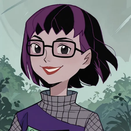 score_9, score_8_up, score_7_up BREAK VicFick, 1girl, black purple bob cut, black eyes, lipstick, glasses, short-sleeved black purple dress, grey short sleeves, black boots, smiling at viewer,