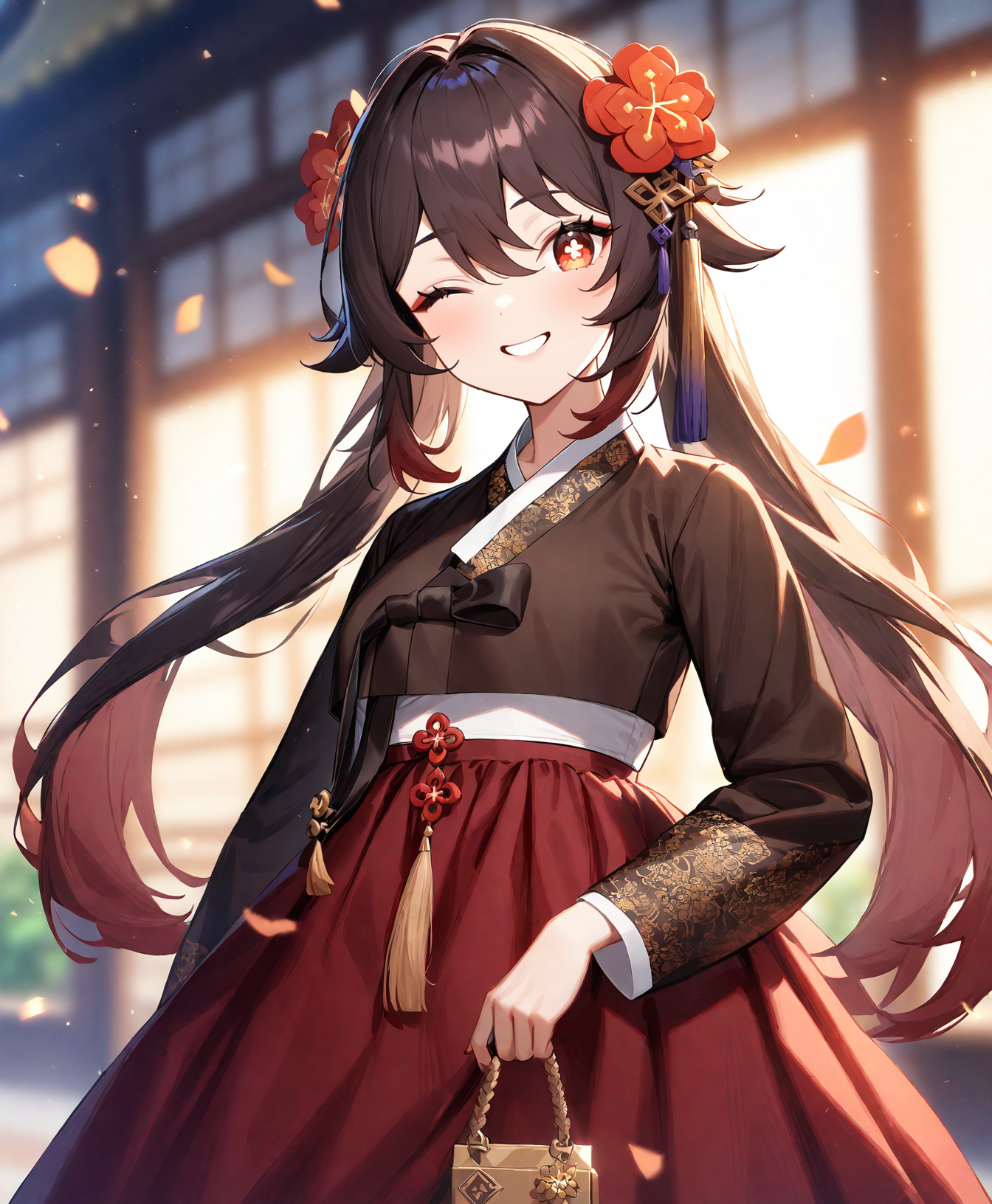 1girl, hu tao (genshin impact), genshin impact, brown long hair, double bun, red eyes,
hanbok, hanbok, (extremely detailed hanbok), layred clothes, sheer flower patterned top clothes, silky dark blue skirt, gold embroidery on skirt, noble korean woman style, hair ornaments, (sarashi:-1),
one eye closed, smile, 
looking at viewer, cowboy shot, bokeh, detailed character outline strokes,
masterpiece, best quality, very aesthetic,  safe,
<lora:neg4all_bdsqlsz_xl_V91:1.0>  <lora:Hnbk_Anmgn31_AB1:1>