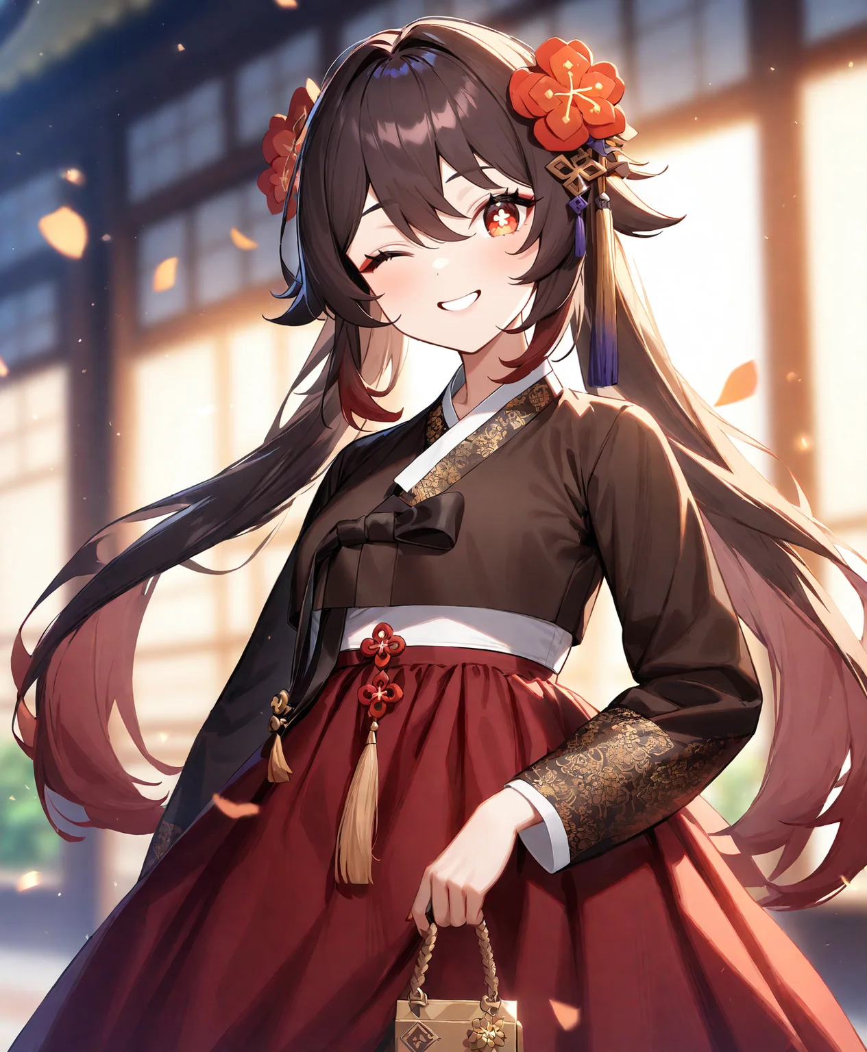 1girl, hu tao (genshin impact), genshin impact, brown long hair, double bun, red eyes,
hanbok, hanbok, (extremely detailed hanbok), layred clothes, sheer flower patterned top clothes, silky dark blue skirt, gold embroidery on skirt, noble korean woman style, hair ornaments, (sarashi:-1),
one eye closed, smile,
looking at viewer, cowboy shot, bokeh, detailed character outline strokes,
masterpiece, best quality, very aesthetic, safe,
<lora:neg4all_bdsqlsz_xl_V91:1.0> <lora:Hnbk_Anmgn31_AB1:1>