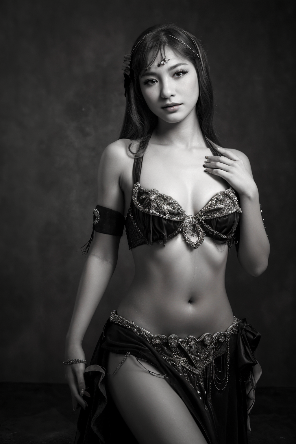 ((Glamour Portrait)),19 year old, woman, 1girl, solo, desaturated bellydancer,  <lora:bellydancer-v1.0:1>