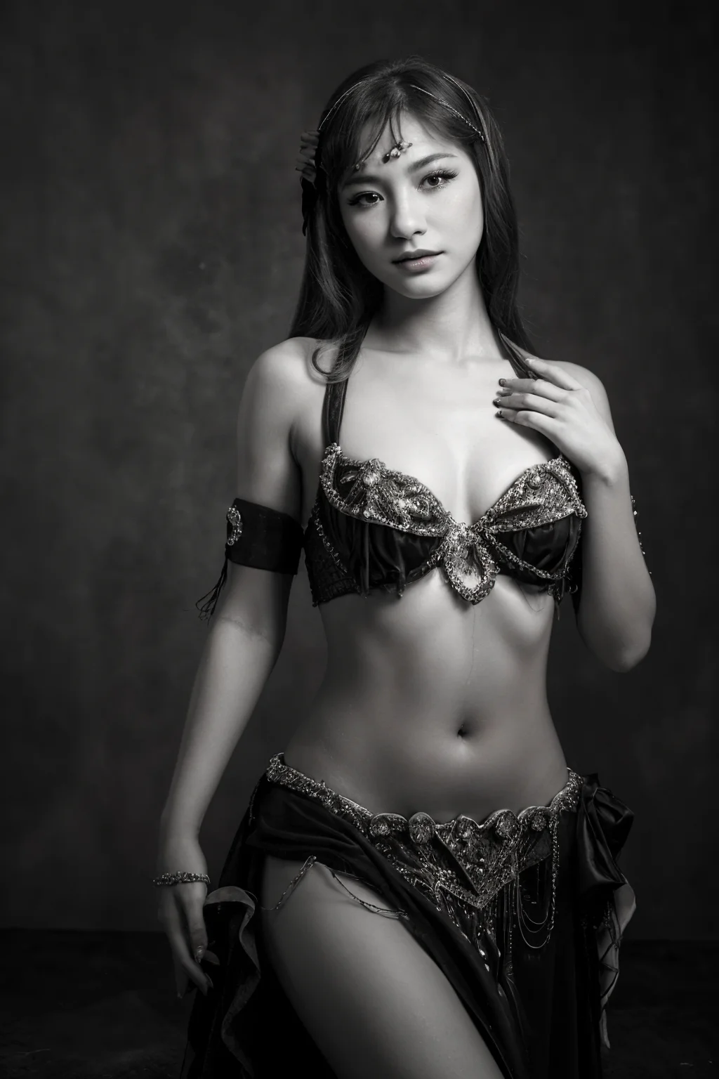 ((Glamour Portrait)),19 year old, woman, 1girl, solo, desaturated bellydancer, <lora:bellydancer-v1.0:1>