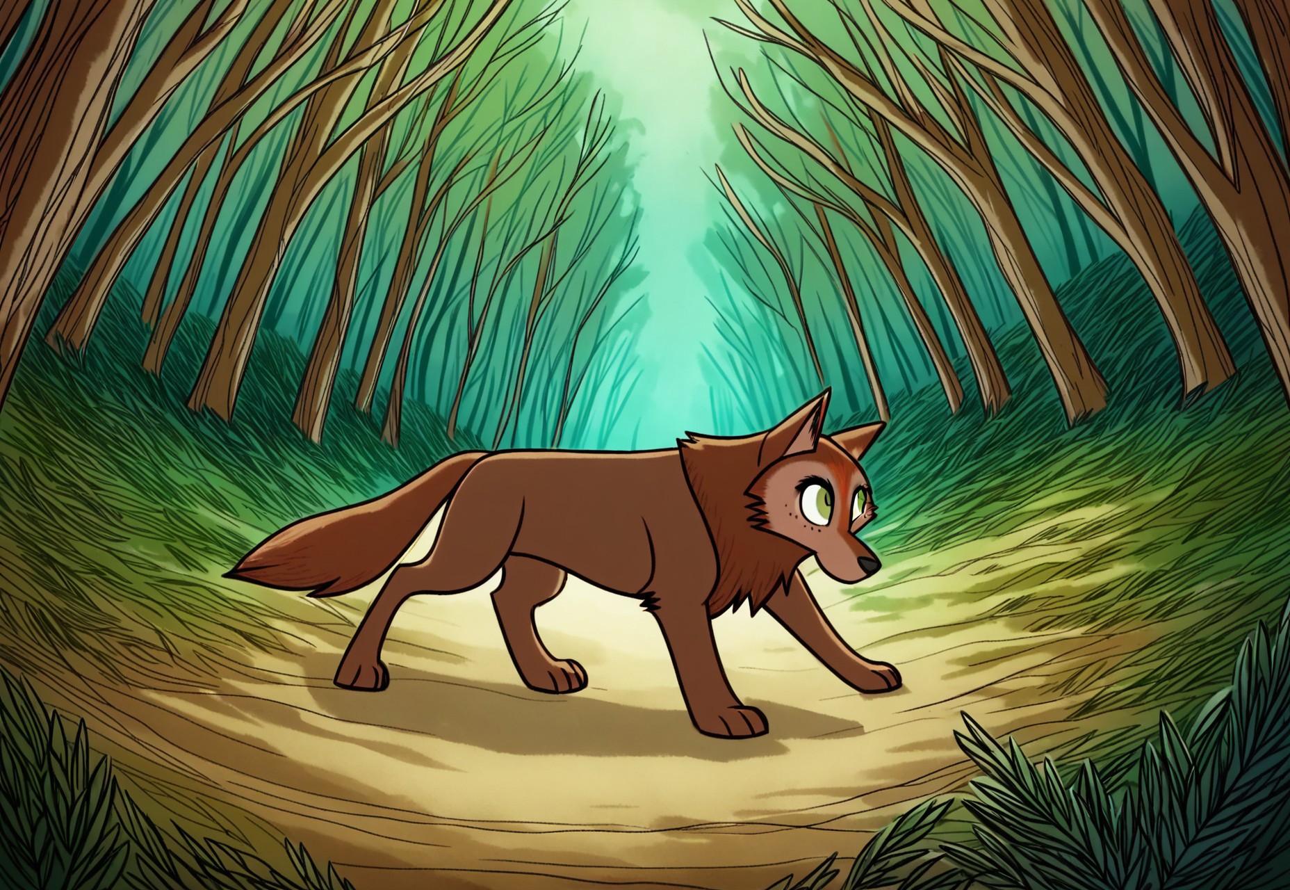 (zPDXL3), full body, solo, furry, best quality, animal focus, solo, mebh_wolf, full body, pokemon (creature), animal, wolf, green eyes, animal focus, dynamic pose, outdoors, forest , dynamic angle