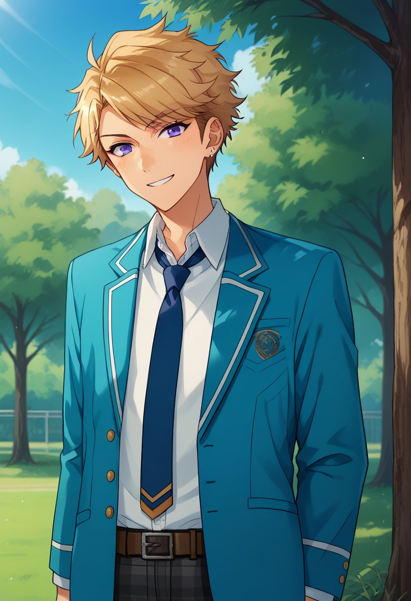score_9, score_8_up, score_7_up, source_anime, highly detailed, 
narukami, 1boy, male focus, plaid pants, solo, school uniform, necktie, blonde hair, pants, jacket, plaid, blazer, smile, straight-on, looking at viewer, blue necktie,  belt, purple eyes, shirt, white shirt, standing, upper body,
outdoor, sky, tree