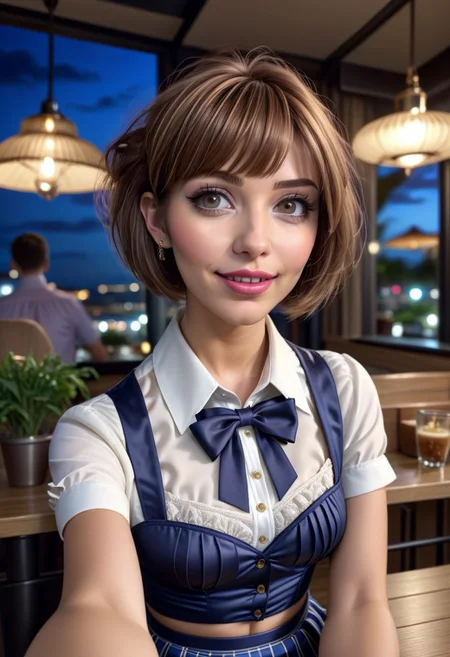 (8k, RAW photo, best quality, masterpiece:1.2), (realistic, photo-realistic:1.37), ultra-detailed,
1 girl, cute, solo,beautiful detailed sky,detailed cafe, night, sitting, dating,(smile:1.1),(closed mouth)
medium breasts, detailed face, detailed eyes, (collared shirt:1.1), bowtie, pleated skirt, (short hair:1.2),
