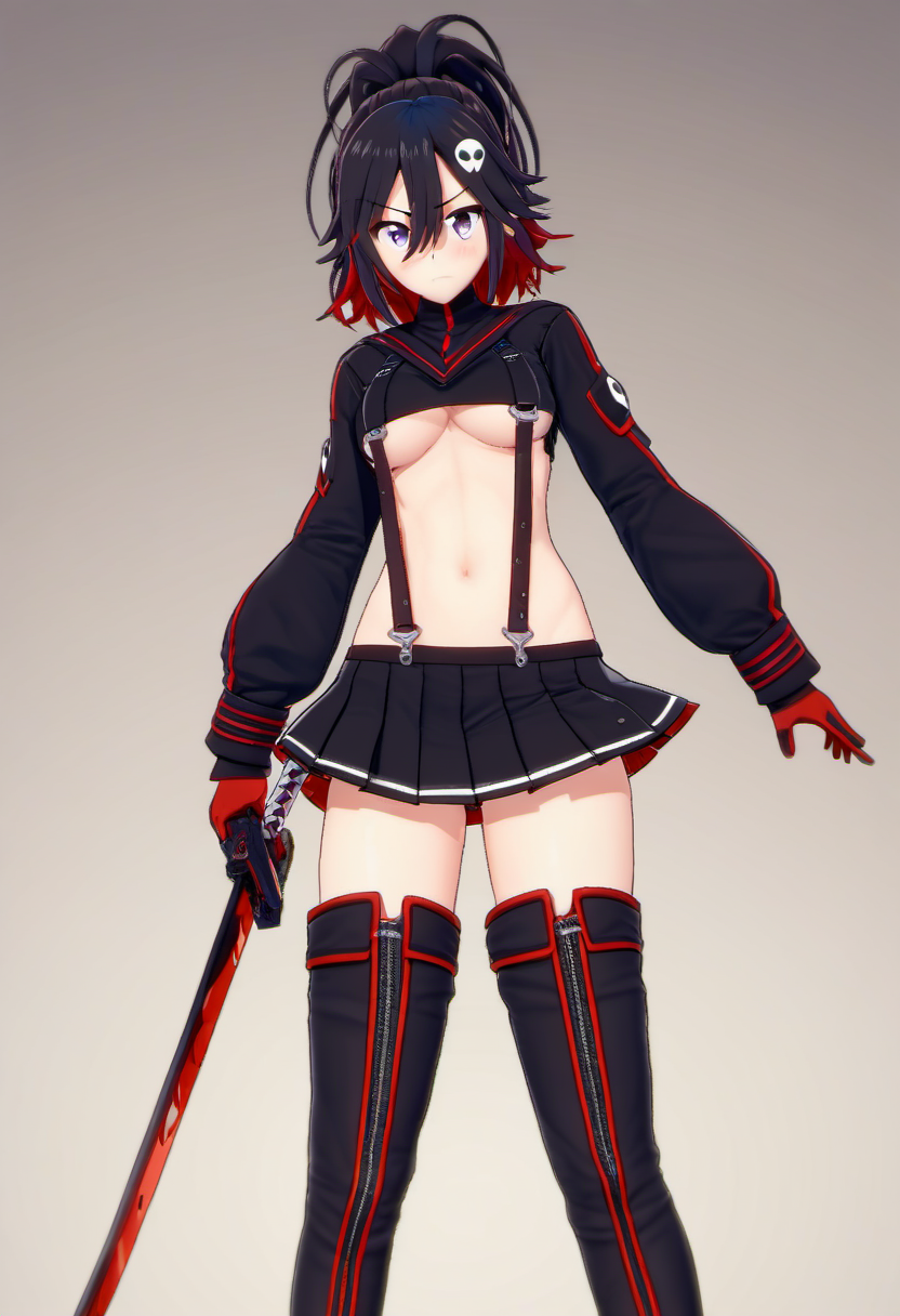 (<lora:Rin_Rokuhara_from_LiL_PonyXL:0.8>, rin_rokuhara, 1girl, skull hair ornament, ponytail) hybrid with (1girl, matoi ryuuko, senketsu, scissor blade, solo, breasts, navel, suspenders, skirt, underboob, holding weapon, thighhighs, revealing clothes, holding, medium breasts, two-tone hair, boots, streaked hair, looking at viewer, closed mouth, thigh boots, hair between eyes, standing, holding sword, black pleated microskirt, bangs), standing on a battlefield, score_9, score_8_up, score_7_up, score_6_up, score_5_up, score_4_up