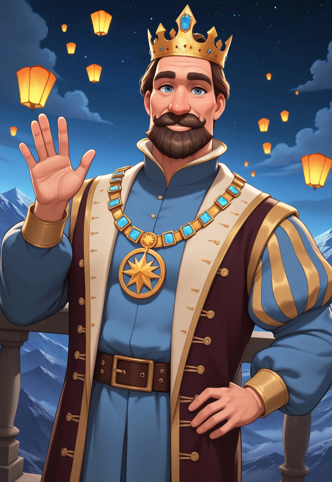 masterpiece, best quality, amazing quality, KingFrederic, short hair, greying brown hair, blue eyes, beard, mustache, mature male, muscular, crown, jeweled necklace, medallion, dark-maroon coat, blue long sleeve shirt, puffy sleeves, belt, looking at viewer, smile, dynamic pose, detailed background, dutch angle, upper body, cowboy shot, balcony, night, fantasy kingdom, mountain range, clouds, stars, one hand on hip, waving, flying lantern, bloom,