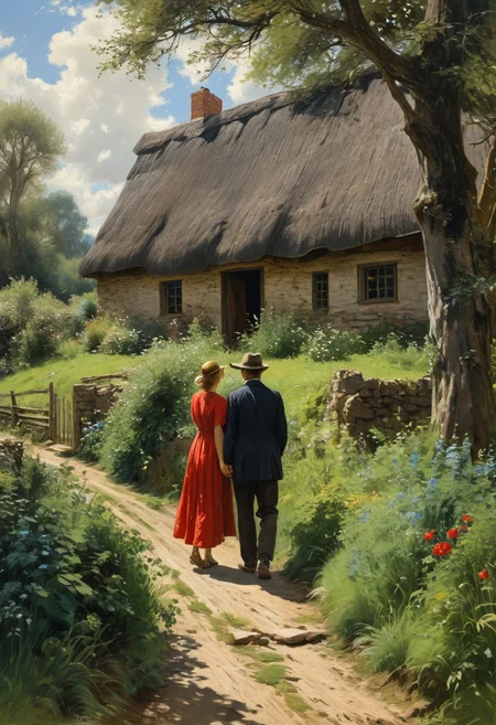 (Soft Lighting Photography by Mimoza Veliu and Mario Giacomelli:1.2), side soft light, Dark environment, black over black, highly detailed, masterful painting in the style of Anders Zorn and Aleksi Briclot, oil on canvas, BadDream, , epiCPhoto, <lora:BadDream, epiCPhoto, Hyperrealism style:0.8>, score_9, score_8_up, score_7_up, score_6_up, 
Detailed and realistic painting depicting a rural scene with a dirt path leading to a quaint, thatched-roof cottage. The layout features a central path flanked by lush greenery and trees, some of which are bare, suggesting early spring. The cottage has white walls with wooden beams and a thatched roof, showing signs of age and wear. Two figures are present: a man in a blue shirt and brown pants, and a woman in a red dress, both standing near the cottage. There are also chickens and ducks scattered along the path, adding to the pastoral atmosphere. The sky is partly cloudy, with patches of blue visible. The painting is signed by the artist in the bottom right corner with the date '1918'.