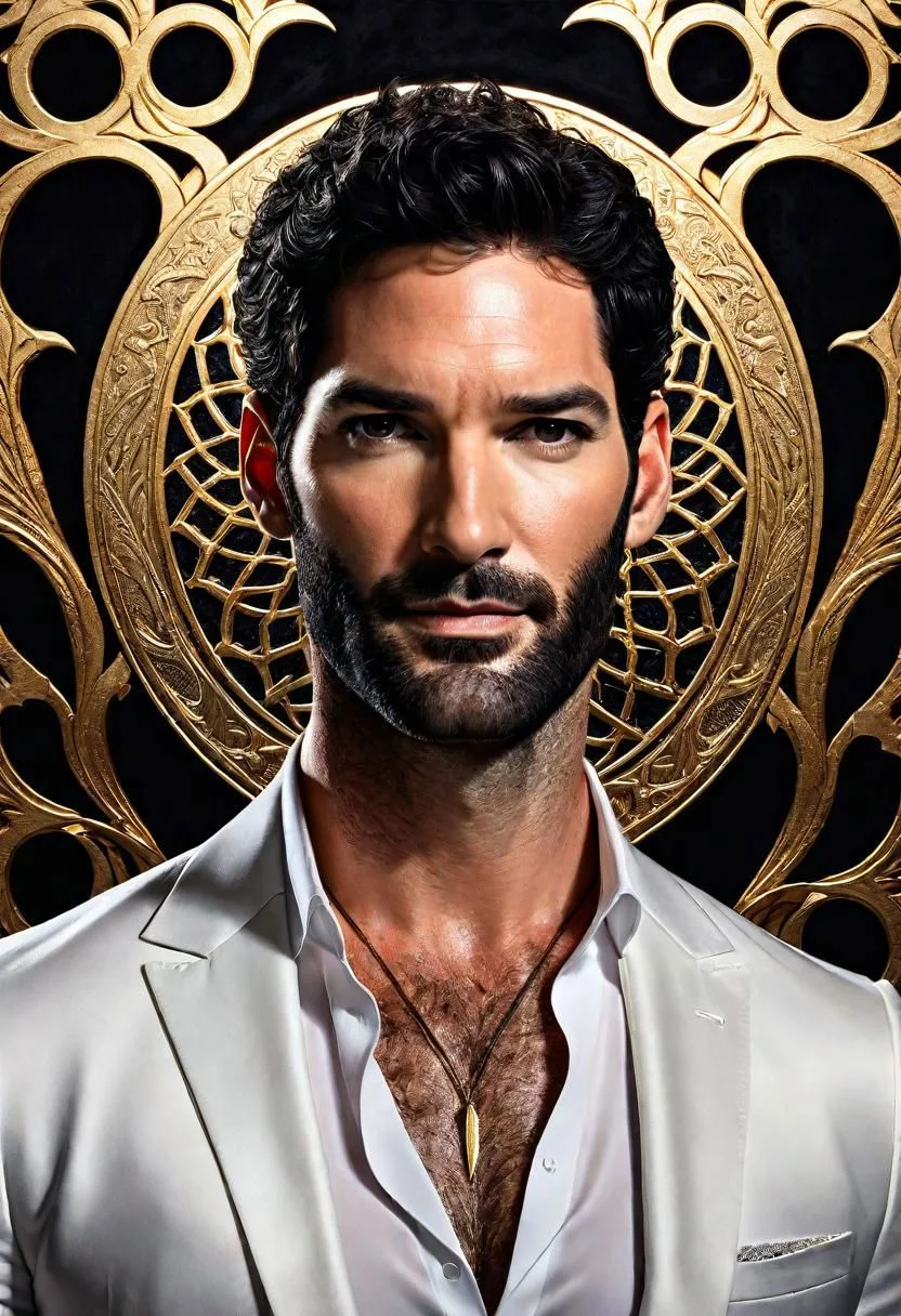 hyper detailed handsome Lucifer Morningstar (Tom Ellis), coherent rugged face, wavy luxurious hair, on black velvet canvas, centered composition, rule of thirds, drop shadowed, art by Todd McFarlane, charlie bowater, tom wood, keith garvey