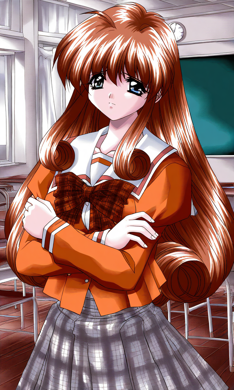general,highres, ultra-detailed,very aesthetic,best quality ,best hands, BREAK <lora:Ichijo_Serika_Ver2.0_Akumu_AoiKajitsunoSange_IS:1>
Ichijo_Serika, 1girl, solo, long hair, brown hair, gray eyes, medium breasts, sidelocks, 
orange school uniform, ribbon, white+gray skirt, outdoors, crossed arms, 
serious face,
check skirt, plaid bow, long sleeves, serafuku, School, class room, curtain.