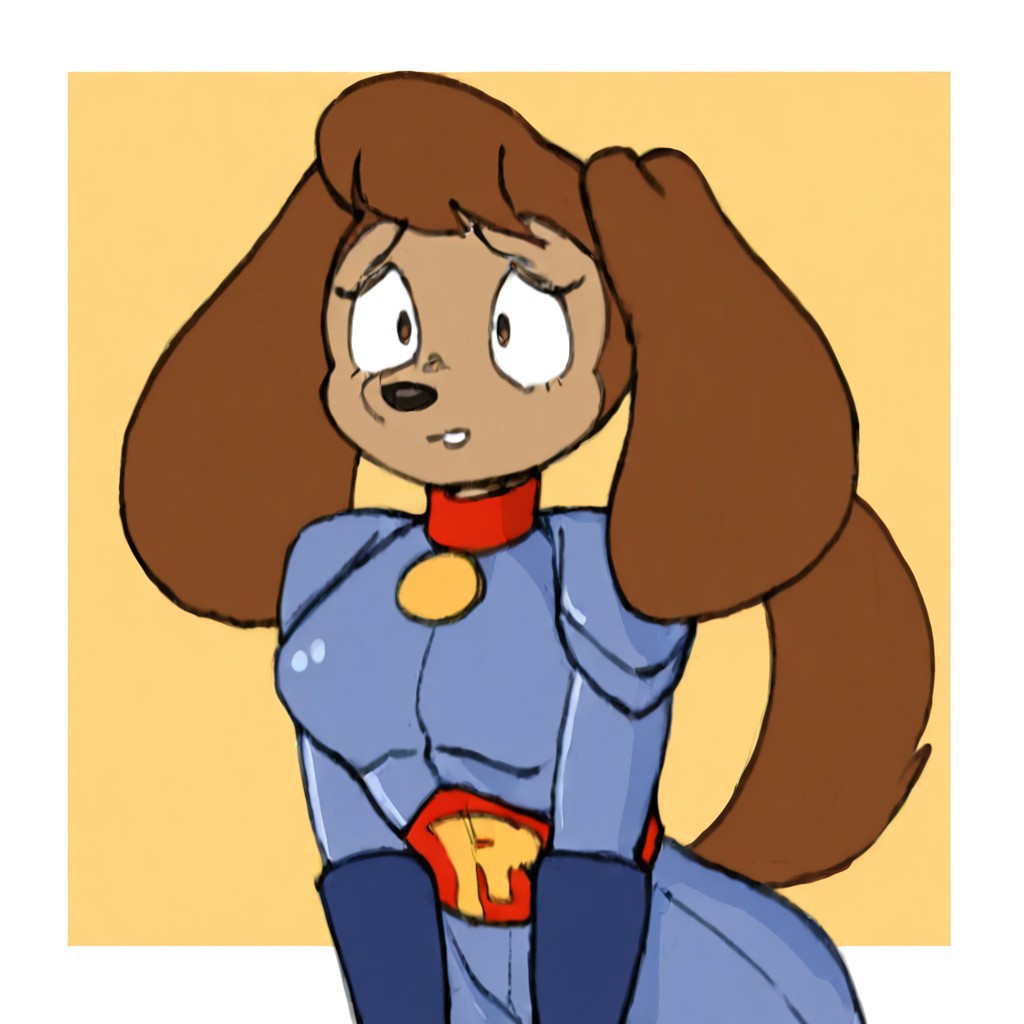 4nn4h,1girl,solo,furry,furry female,a girl,dog ears,long ears,brown hair,short hair,brow eyes,snout,animal nose,body fur,brown fur,dog tail, RoadRovers Suit