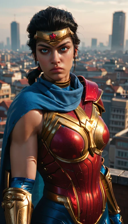 zPDXL3, <lora:wonderwomanSQXL:.7>,
wnderwmanxl, black hair, blue eyes, low ponytail, circlet, bodysuit, red chest plate, bare shoulders, armor,blue cape, looking at viewer, serious, standing, outside, city, rooftop, overcast,