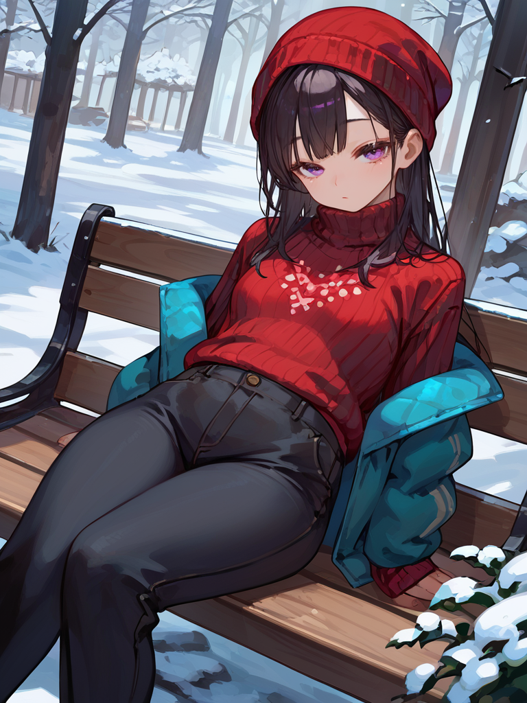 PDXL, <lora:SoleilV1:1>, s0leil,
1girl, cute face, detailed eyes, small breasts, long black hair, purple eyes, sweater, black pants, red beanie, sitting on a bench, snow
