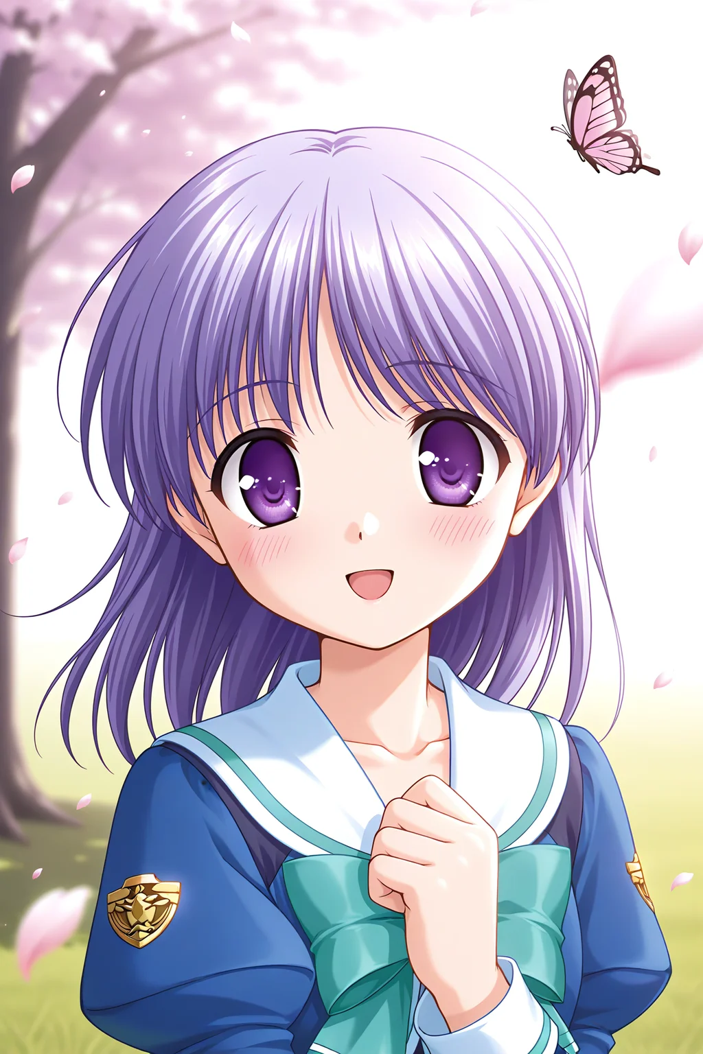 masterpiece, best quality, absurdres, official art, official style, rating general BREAK <lora:tachibanachihiro_IL_v1-3:0.7>, tachibana chihiro, 1girl, solo, purple eyes, light purple hair, long hair, medium hair, bangs, flat chest, winter uniform, school uniform, serafuku, sailor collar, white sailor collar, blue jacket, emblem, collarbone, upper body, portrait, close-up, outdoors, sunlight, nature, day, tree, flower, cherry blossoms, petals, butterfly, grass, glowing on backlight, blurry, depth of field, blush, open mouth, :d, happy, looking at viewer, hand on own chest