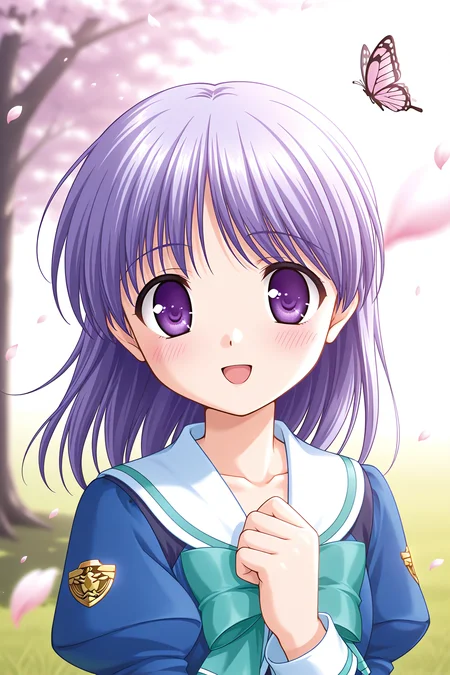 masterpiece, best quality, absurdres, official art, official style, rating general BREAK <lora:tachibanachihiro_IL_v1-3:0.7>, tachibana chihiro, 1girl, solo, purple eyes, light purple hair, long hair, medium hair, bangs, flat chest, winter uniform, school uniform, serafuku, sailor collar, white sailor collar, blue jacket, emblem, collarbone, upper body, portrait, close-up, outdoors, sunlight, nature, day, tree, flower, cherry blossoms, petals, butterfly, grass, glowing on backlight, blurry, depth of field, blush, open mouth, :d, happy, looking at viewer, hand on own chest