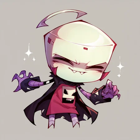 score_9, score_8_up, score_7_up, score_6_up, <lora:z1mXLP:1> (z1m), (invader zim:0.8), solo, cel shading, cute robot, 1boy, bald, costume