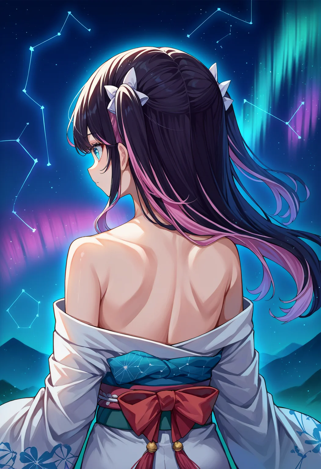 score_9, score_8_up, source_anime, 1girl, solo, NazunaKaga, blue eyes, multicolored hair, black hair, pink hair, long hair, two side up, aurora, back, bare back, bare shoulders, constellation, from behind, kimono, light particles, long sleeves, off shoulder, <lora:ChamNazunaKagaPonyXL:1>