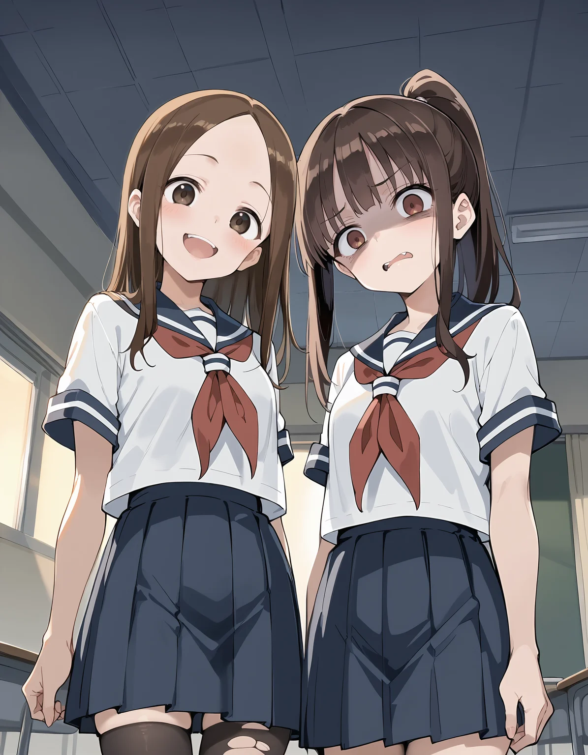 score_9,score_8_up,score_7_up,anime screencap,anime coloring,Cinematic Lighting,night,classroom,pov,from_below,2girls,brown hair,brown eyes,<lora:CreepyHeadTilt>,empty eyes,school_uniform,serafuku,white_shirt,short_sleeves,red_neckerchief,pleated_skirt,torn black_thighhighs,
BREAK <lora:takagi-san_v1.0:0.5>,takagi-san,long hair,forehead,laughing,
BREAK <lora:Takagawa-Sumire_v1:0.5>,Takagawa Sumire,high ponytail,sidelocks,bangs,disgust,shaded_face,upper_teeth,