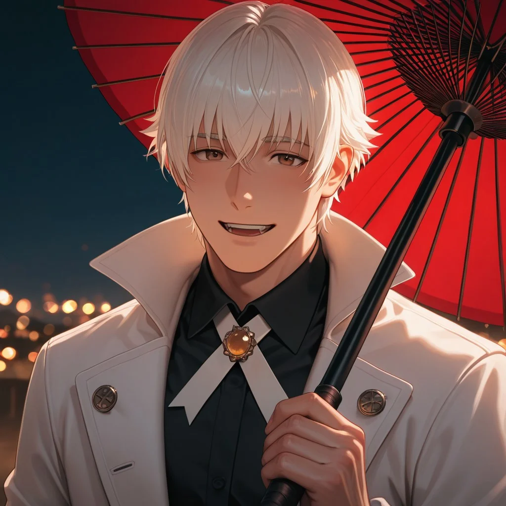 masterpiece, best quality, amazing quality, absurdres, newest, detailed background, definition so sharp, Ultra-HD, 8K cinematic, very awa, impressionate, amazing quality, highres,
solo, male focus, manly, mature male, bara, bokeh, night, warm light, blurry background, outdoor,
yashiroisana, 1boy, short hair, bangs, shiro_white hair, shiro_brown eyes, white coat, black collared shirt, ribbon, brooch, oil-paper umbrella, holding umbrella, close umbrella,
smile, happy face, open mouth