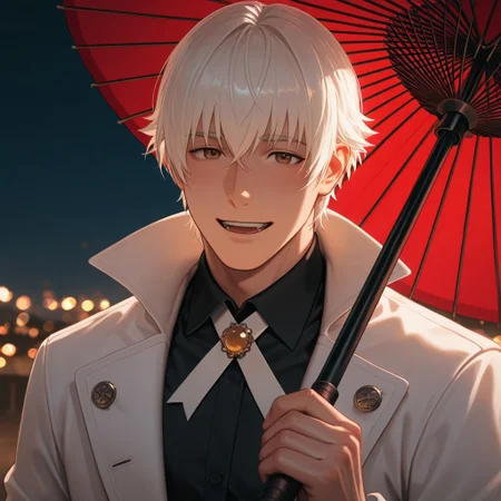 masterpiece, best quality, amazing quality, absurdres, newest, detailed background, definition so sharp, Ultra-HD, 8K cinematic, very awa, impressionate, amazing quality, highres,
solo, male focus, manly, mature male, bara, bokeh, night, warm light, blurry background, outdoor,
yashiroisana, 1boy, short hair, bangs, shiro_white hair, shiro_brown eyes, white coat, black collared shirt, ribbon, brooch, oil-paper umbrella, holding umbrella, close umbrella,
smile, happy face, open mouth