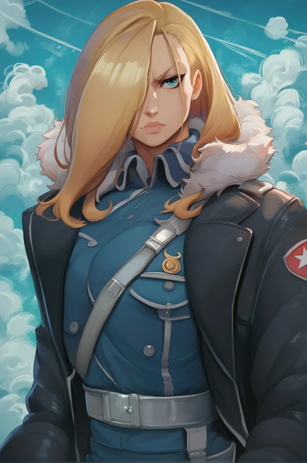 1girl, <lora:Olivier Mira Armstrong Pony XL:0.8>, olivier_mira_armstrong, military uniform, hair over one eye, detailed background, <lora:cutesexyronutts_style_xl:0.65> csr style, score_9, score_8_up, score_7_up,, zPDXL
