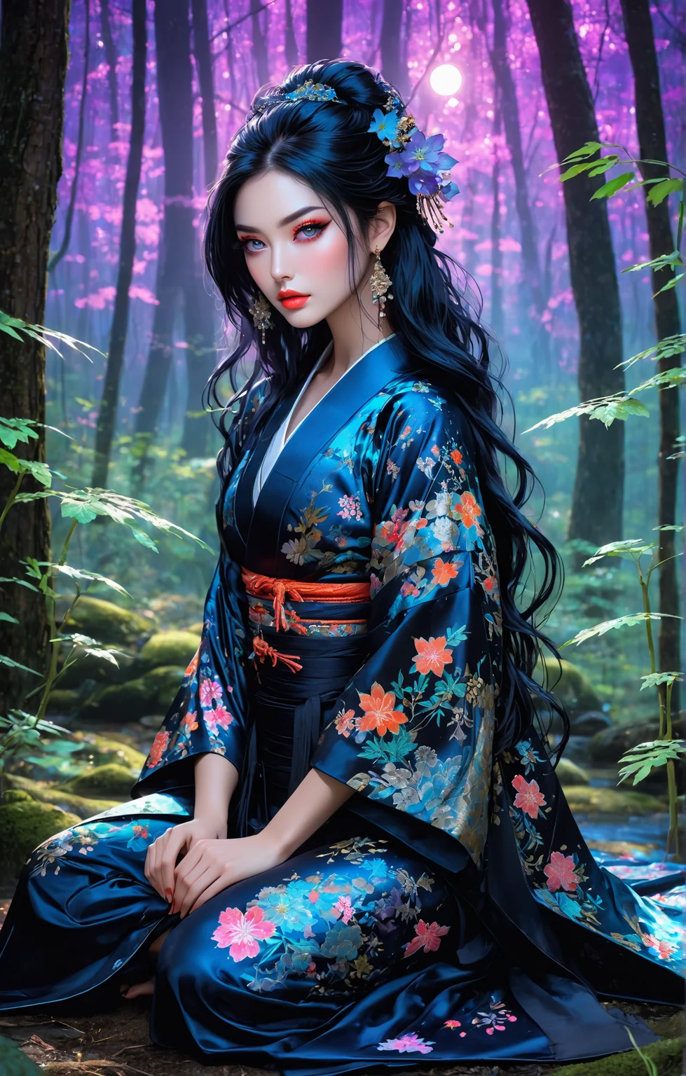Best quality, neon light, a beautiful girl wearing intricate detailed black open kimono with iridescent floral pattern, cleavage:0.2, hanfu:0.25, katana on her back, made of liquid metal, (fantasy art style), with long dark blue hair, (kneeling on the ground), ((bioluminescence flora in Japanese forest)), ((UV, ultraviolet)), ((night)), ((dark outside)), with a highly detailed face and beautiful eye, dark eye shadow, (detailed silks, detailed embroidery), perfect face, pale skin, realistic textures, perfect body, perfect lighting, cinematic, (realistic:1.3), (intricate, highly detailed), (sexy, seductive, beautiful), (beautiful lips), (cowboy shot), <lora:MythP0rtr4itStyle:0.75>