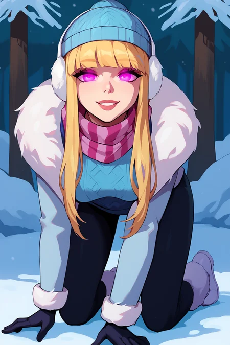 score_9, score_8_up, score_7_up, score_6_up, BREAK, SyndraSDayXL, purple eyes, glowing eyes, blonde hair, long hair, bangs, blue beanie, white earmuffs, medium breasts, pink striped scarf, winter coat, blue sweater, black gloves, black pants, leg warmers, white footwear, solo, all fours, seductive smile, looking at viewer, forest, tree <lora:SyndraSDayXL:1>