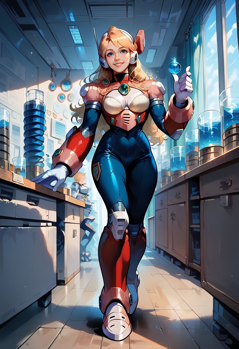 Score_9, score_8_up, score_7_up, masterpiece, high res, best quality, alia, 1girl, bodysuit, armor, blonde hair, blue eyes, robot ears, gloves, smile, indoors, laboratory, full body shot