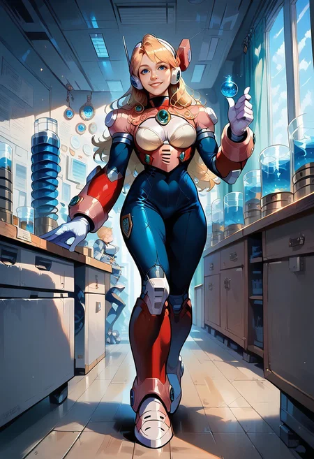 Score_9, score_8_up, score_7_up, masterpiece, high res, best quality, alia, 1girl, bodysuit, armor, blonde hair, blue eyes, robot ears, gloves, smile, indoors, laboratory, full body shot