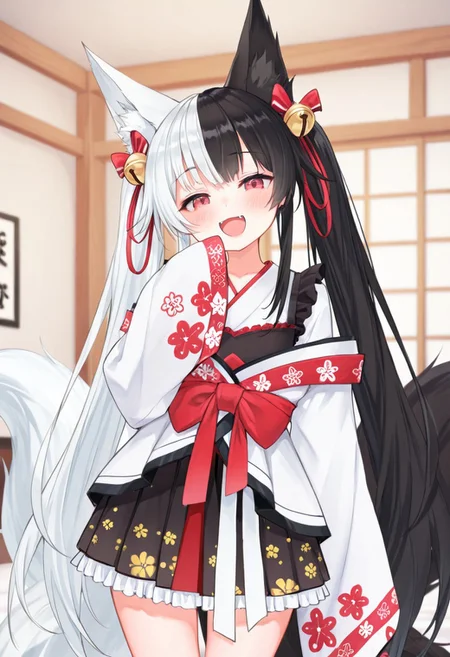 best quality,amazing quality,masterpiece,beautiful detailed eyes,bedroom,solo,perfect body,bright face,looking at viewer,caress,big eyes,mellow body,ruddy skin,dynamic pose,Alice Mana,happy,open mouth,smile,1 girl,proud expression,flat chest,tiny body,petite body,standing,(focus girl:2),negative_hand-neg, hair bell, animal ears, multicolored hair, white hair, tail, sleeves past wrists, red eyes, bell, virtual youtuber, black hair, :d, two-tone hair, smile, long hair, twintails, bow, hair ornament, animal ear fluff, looking at viewer, japanese clothes, fox ears, sleeves past fingers, very long hair, fox tail, red bow, frills, fangs, kimono, long sleeves, hair bow, skirt, bangs, jingle bell, fox girl, open mouth, indoors, split-color hair, blush, frilled skirt, pleated skirt,fang,smug,hand holding mouth
